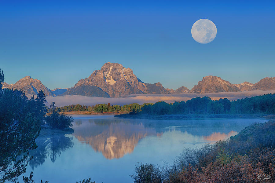 Full moon over Oxbow Bend in Grand Teton National Park